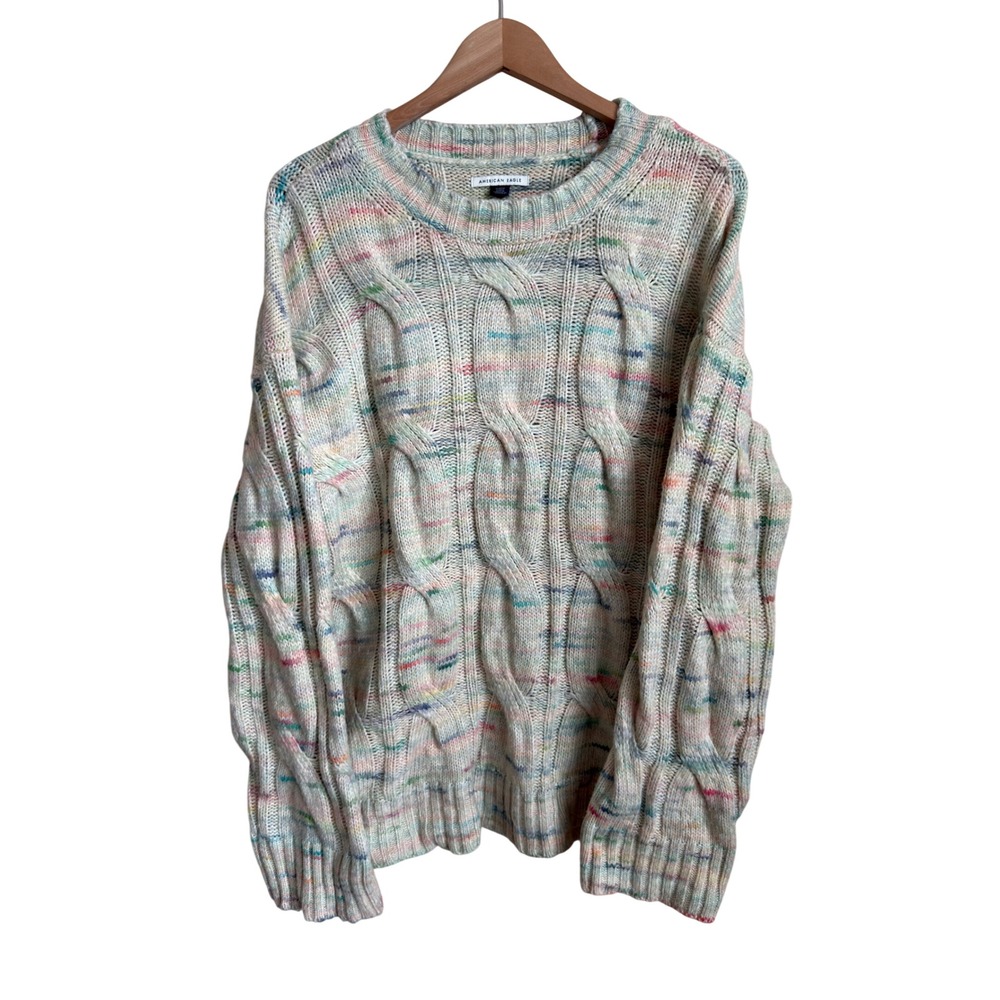 American Eagle Whoa So Soft Cable Knit Sweater Pastel Confetti Oversized M Cream